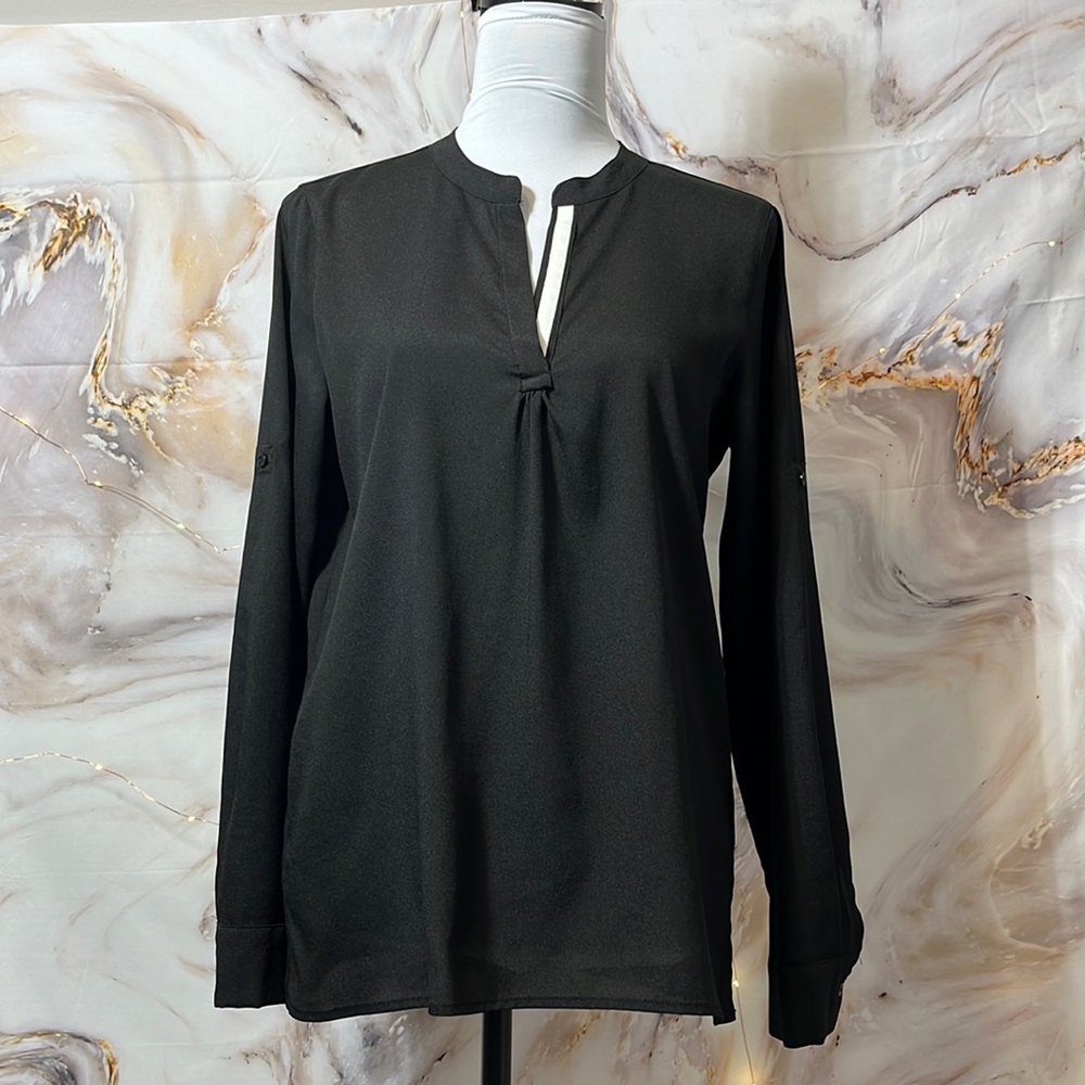 Calvin Klein Black and White Contrast Adjustable Sleeve Blouse Size S